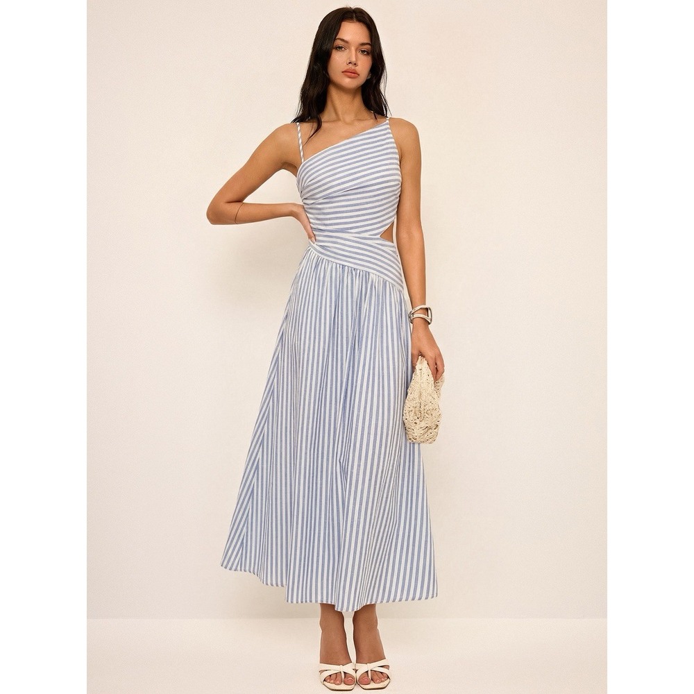 Commense Blue White Striped  Maxi Dress Side Cutout XS NWT